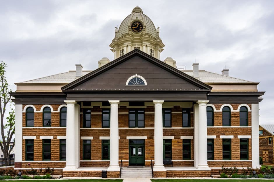 Front view of the historic Mason County Courthouse in Mason, Texas, USA.